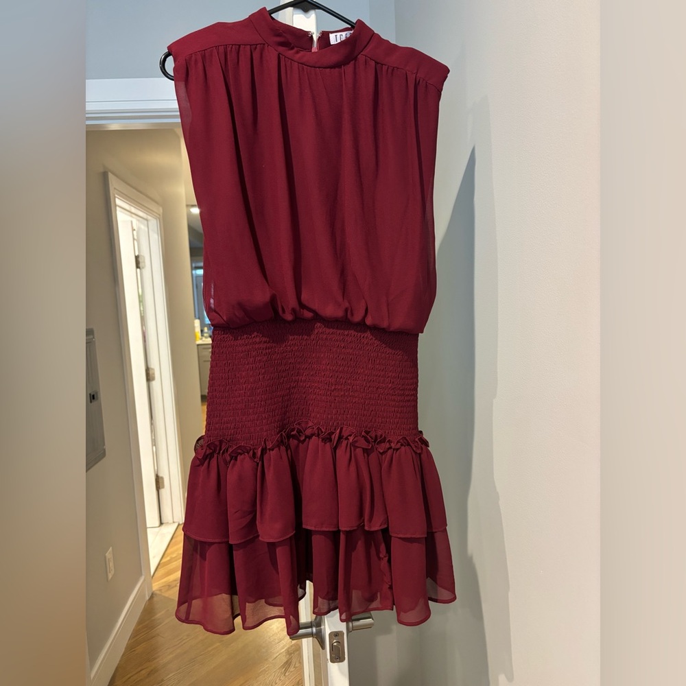 Burgundy sleeveless mini dress with shoulder pads
